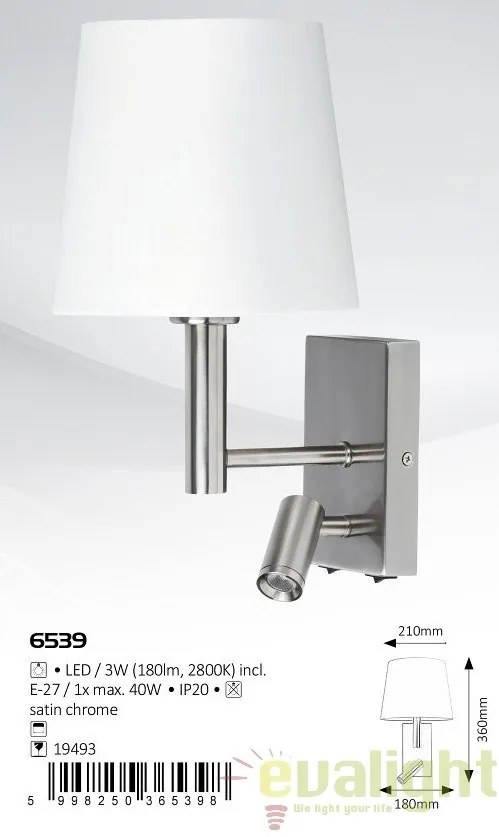 Aplica de perete moderna cu reader LED, finisaj crom, Harvey 6539 RX