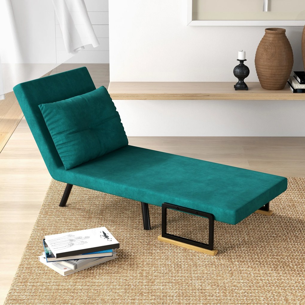 HOMCOM Canapea Extensibilă cu Spătar Reglabil pe 5 Nivele, Canapea Pat Individuală Pliabilă cu Perne, 63x73x81 cm, Verde | Aosom Romania