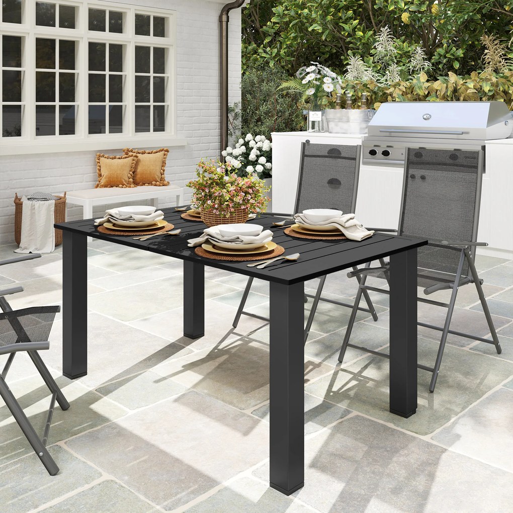 Outsunny Masă de grădină pentru 4-6 persoane, masă de dining pentru exterior cu orificiu pentru umbrelă, blat cu lamele 150 x 90 x 73 cm, negru | Aosom Romania