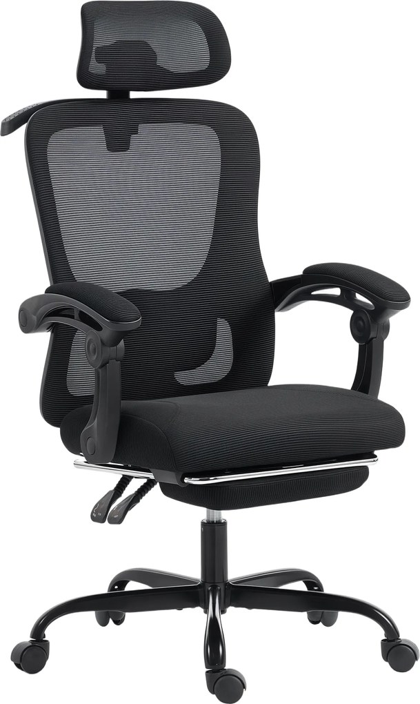 HOMCOM Scaun de birou ergonomic, fotoliu din plasă cu tetieră reglabilă, suport lombar, 64x64x124cm, negru | Aosom Romania