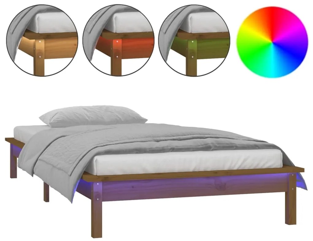 820639 vidaXL Cadru de pat LED Single 3FT, maro miere, 90x190 cm, lemn masiv