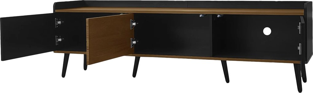 Comodă TV cu 3 uși, picioare din lemn și margine înaltă, 160x39x49,5 cm, Culoare naturală+Negru