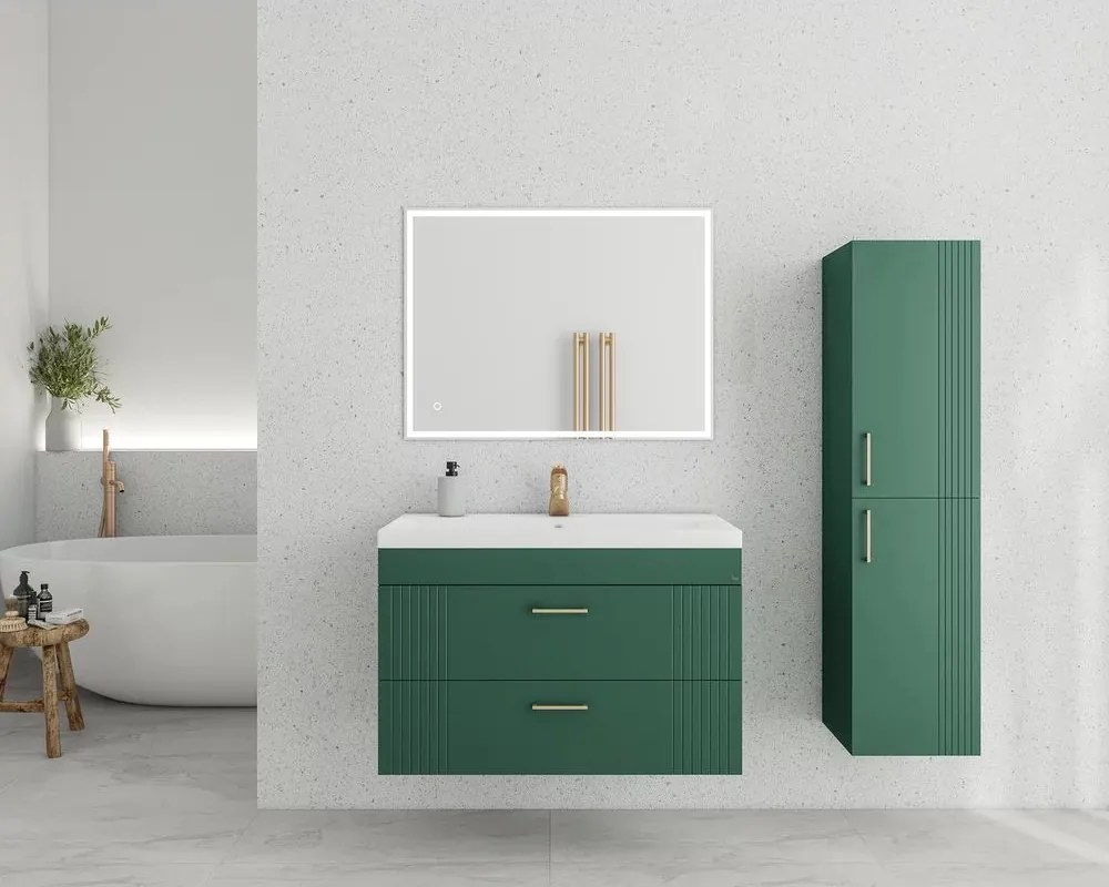 Set dulap baza suspendat verde cu 2 sertare si lavoar alb Drop Lines Diana 80 cm