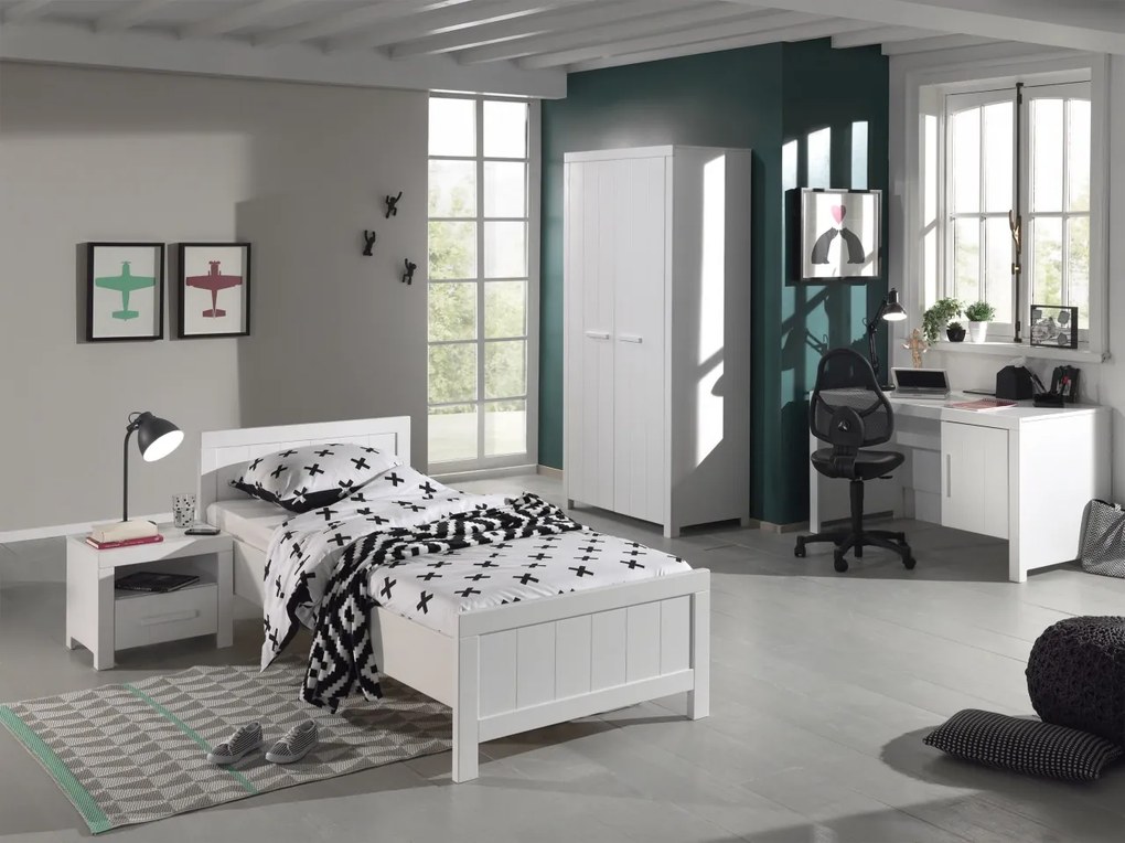 Set Mobilier Cameră Copii ERIK: Pat 90x200 cm, Dulap 2 Uși, Birou și Noptieră, Alb – Vipack