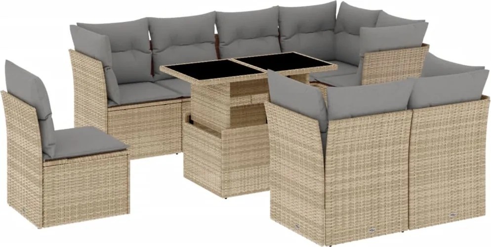 vidaXL Set canapele de grădină, 9 piese, cu perne, bej, poliratan