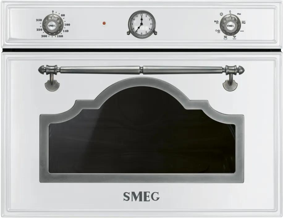 Cuptor incorporabil compact cu microunde si grill Smeg Cortina SF4750MBS, alb cu estetica argintie