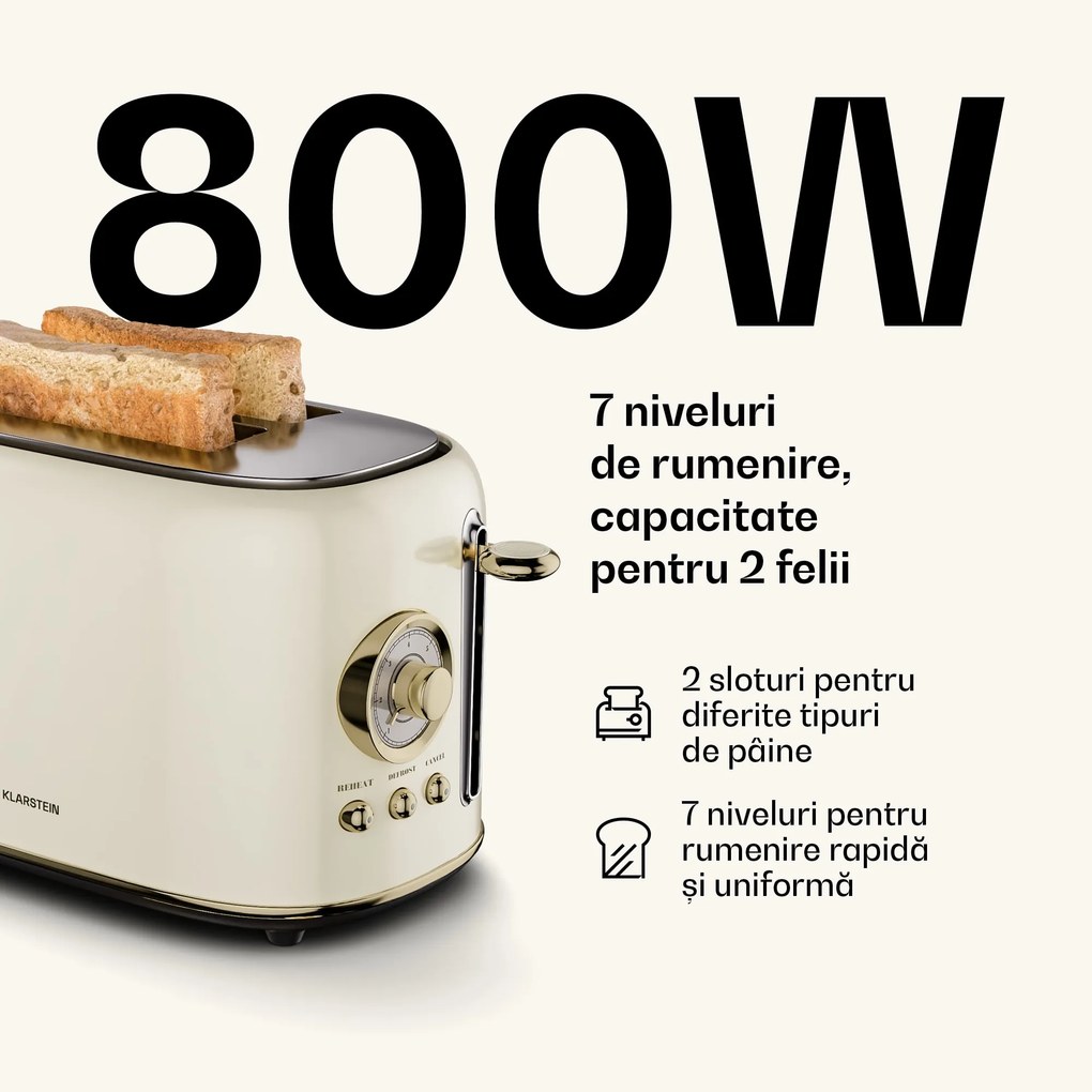 Klarstein Victoria prăjitor de pâine | prăjitor cu 2 fante | 800 W | 7 niveluri de rumenire | suport pentru chifle