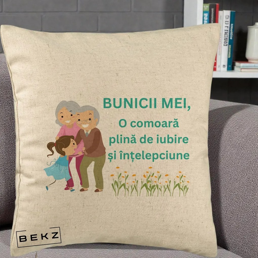 Cadou pentru Bunici - Perna Personalizata Bunicii Mei Comoara Iubire Intelepciune Nepoata, 40x40 cm, Bej, Husa Detasabila, Perna Inclusa, BEKZ®