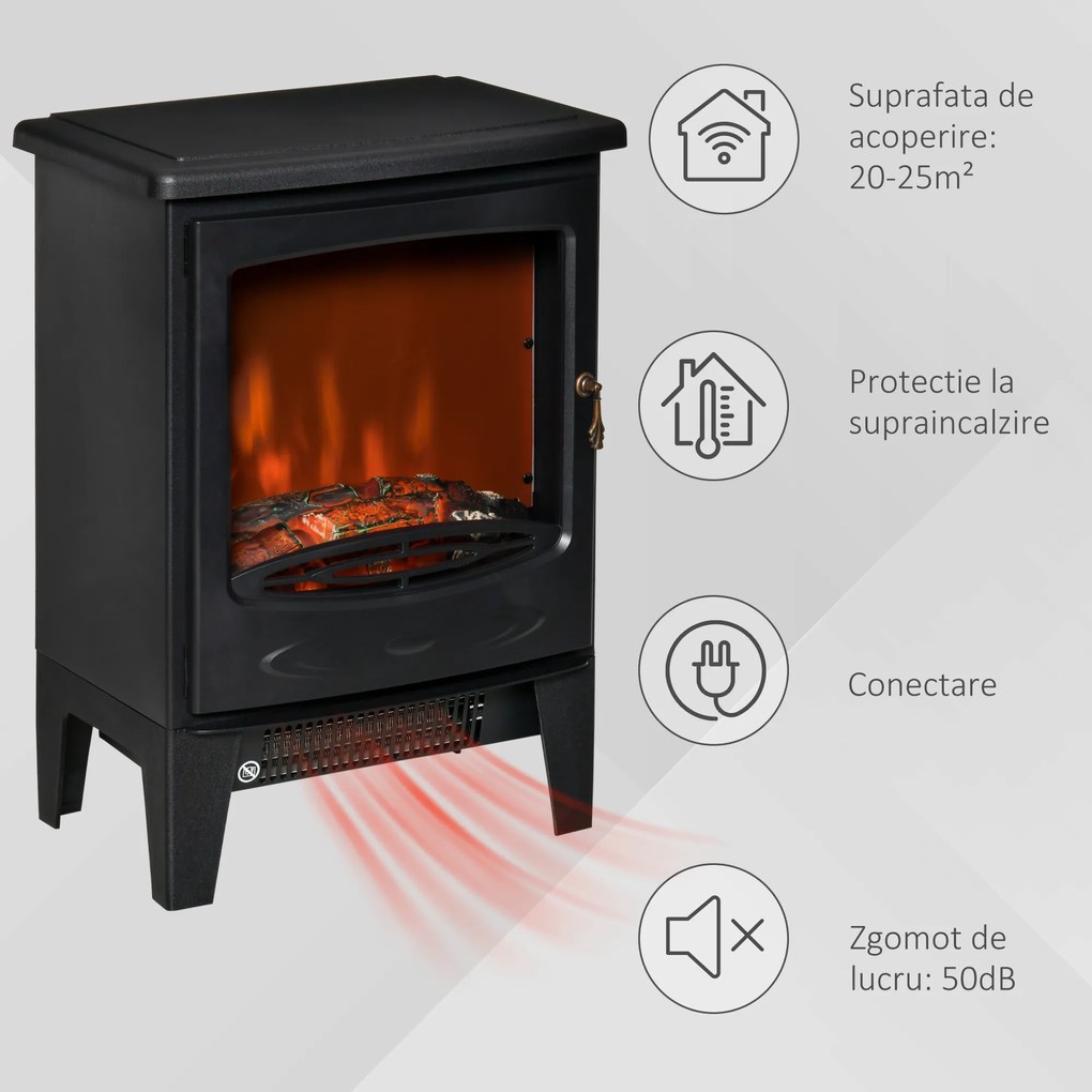 Semineu Electric de Podea cu Efect Flacara, aparat de incalzire Temperatura Reglabila 900W-1800W, Acoperire 15-20m² HOMCOM | Aosom RO