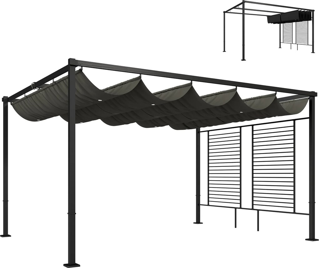 Outsunny Pergolă 3,87 x 2,97 m - copertină pentru terasă cu acoperiș glisant, 2 panouri de intimitate, UV50+ gri închis | Aosom Romania