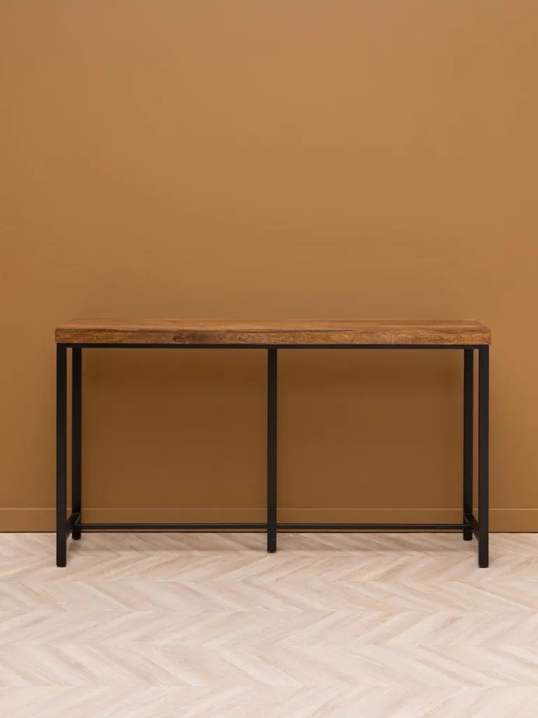 Consolă din lemn de mango, cu blat maro antichizat și picioare din metal negru, finisaj satinat, 180.5×40×98.5 cm, „Kirt"