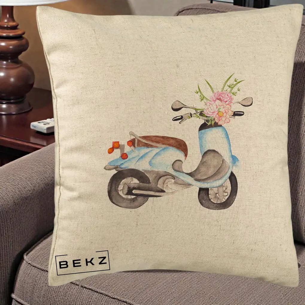 Perna Decorativa Scuter Albastru cu Flori Acuarela, 40x40 cm, Bej, Husa Detasabila, Perna Inclusa, BEKZ®