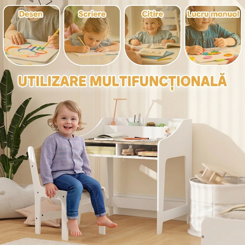 AIYAPLAY Set birou și scaun pentru copii 3-8 ani cu 3 compartimente deschise, margini rotunjite, din lemn, culoare lemn | Aosom Romania