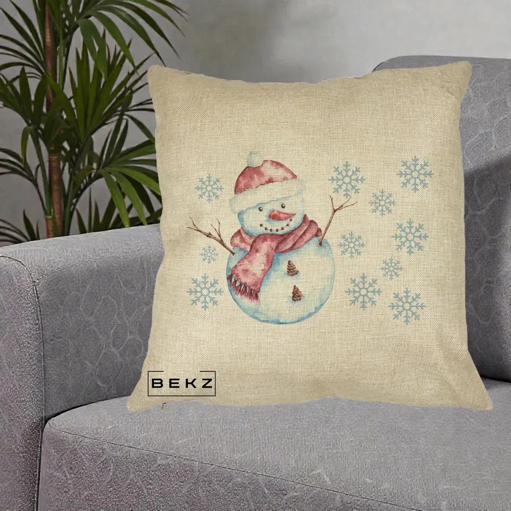 Perna Decorativa Om de Zapada Rosu cu Fulgi, 40x40 cm, Crem, Husa Detasabila, Perna Inclusa, BEKZ®