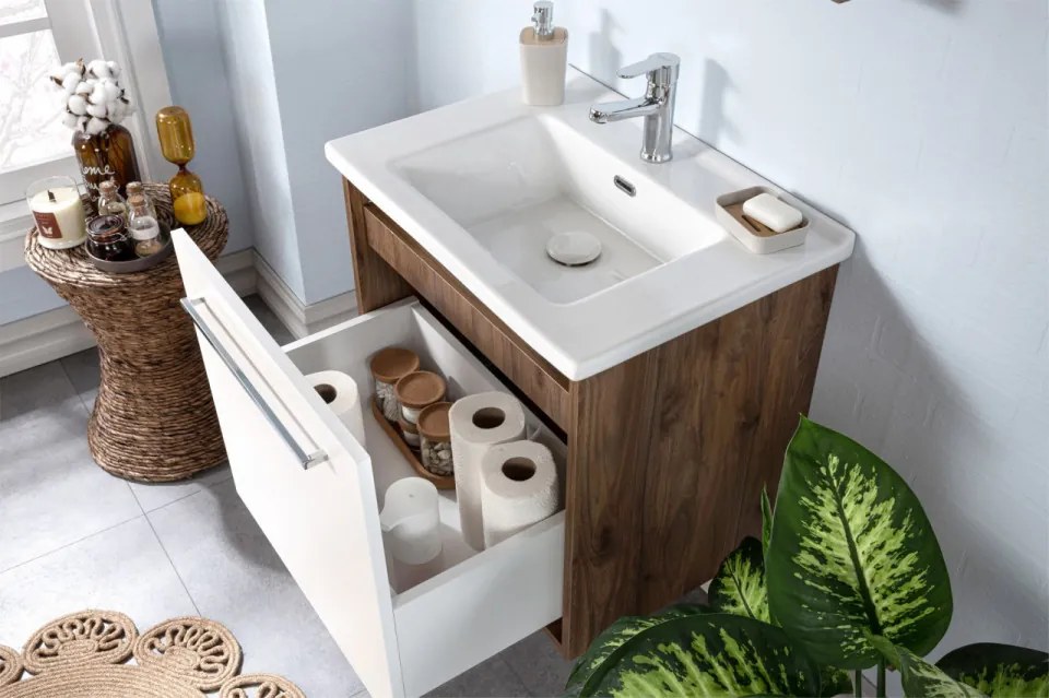 Set Mobilier Baie Sahra 65, Include Baza Lavoar, Lavoar și Oglinda, 65 cm, Crem