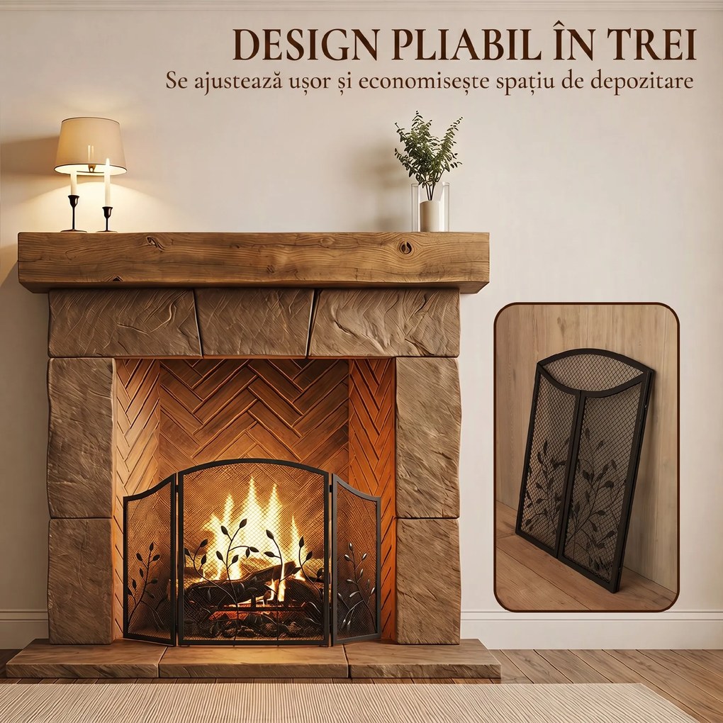 HOMCOM Parascântei Șemineu Pliabil cu 3 Panouri, Protecție Metalică Rezistentă la Căldură, 122x1x74 cm, Negru | Aosom Romania