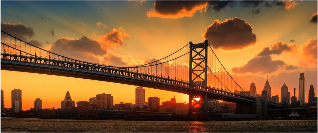 Tablou - Apus de soare peste Podul Ben Franklin, Philadelphia (120x50 cm)