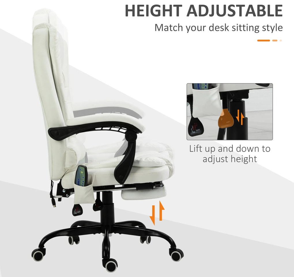 Vinsetto Scaun de birou de masaj, scaun de birou, scaun ergonomic cu înălțime reglabilă, spătar inclinabil și telecomandă cu fir, suport pentru picioare retractabil și pivotant la 360°, alb | Aosom Romania