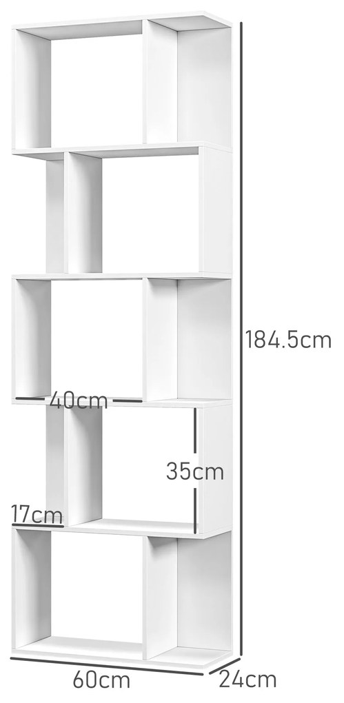 HOMCOM Raft pentru Cărți cu 5 Rafturi Separate, Bibliotecă în Formă de S din Lemn, 60x24x184,5 cm, Alb | Aosom Romania