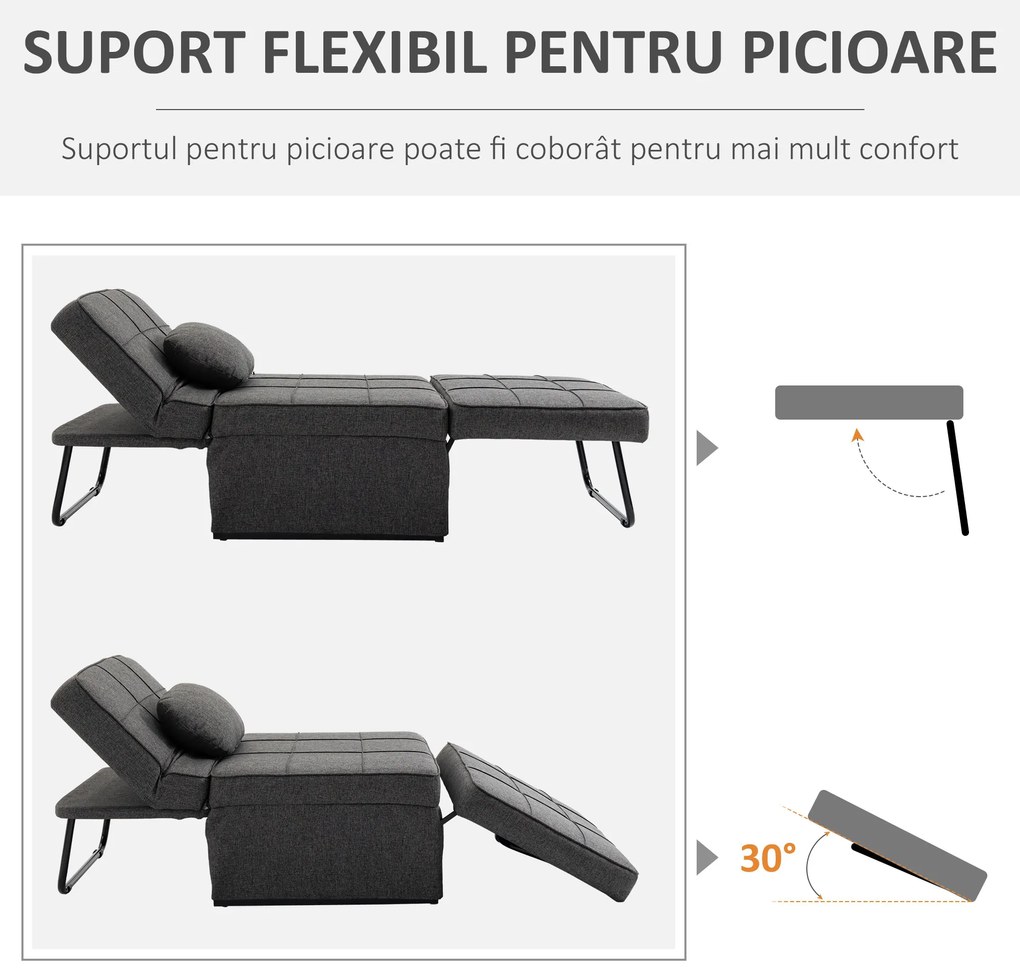 HOMCOM Canapea extensibilă cu Spătar Reglabil pe 5 Nivele și Pernă Suplimentară, 95x179x78 cm, Gri | Aosom Romania