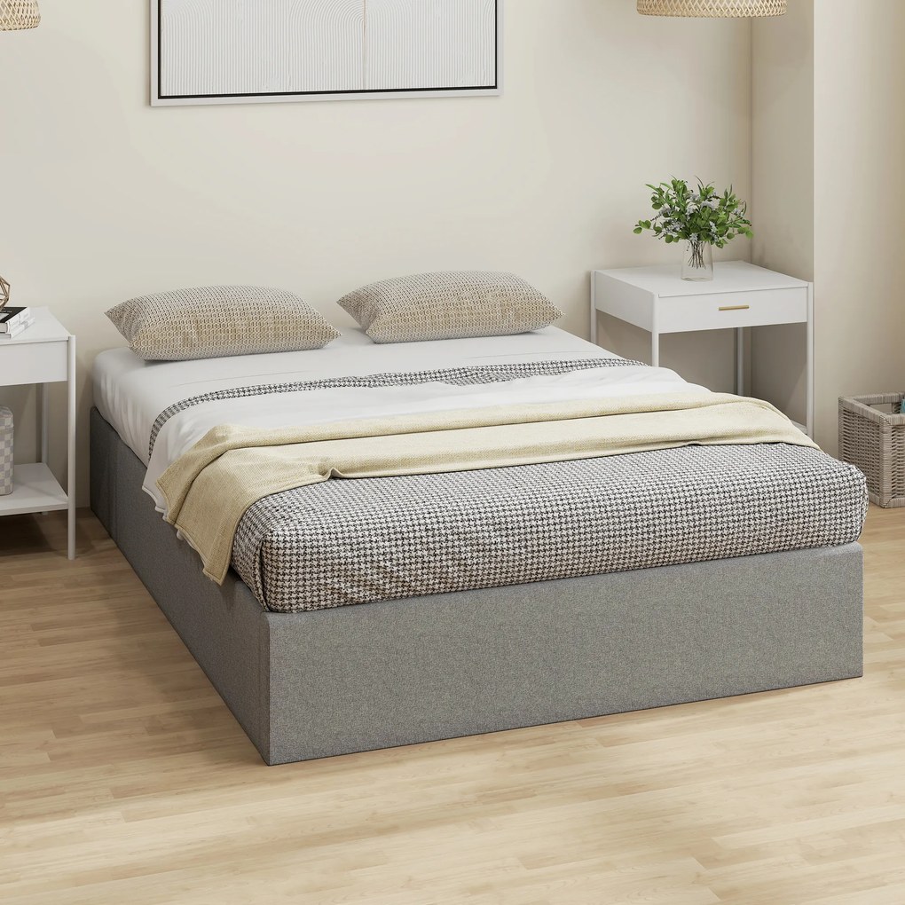 HOMCOM Cadru Pat Matrimonial 140x190 cm, Pat cu Spațiu de Depozitare, Pistoane cu Gaz, Lamele din Lemn, Fără Saltea, Silențios, Ușor de Montat, Înălțime 28 cm, Gri | Aosom Romania