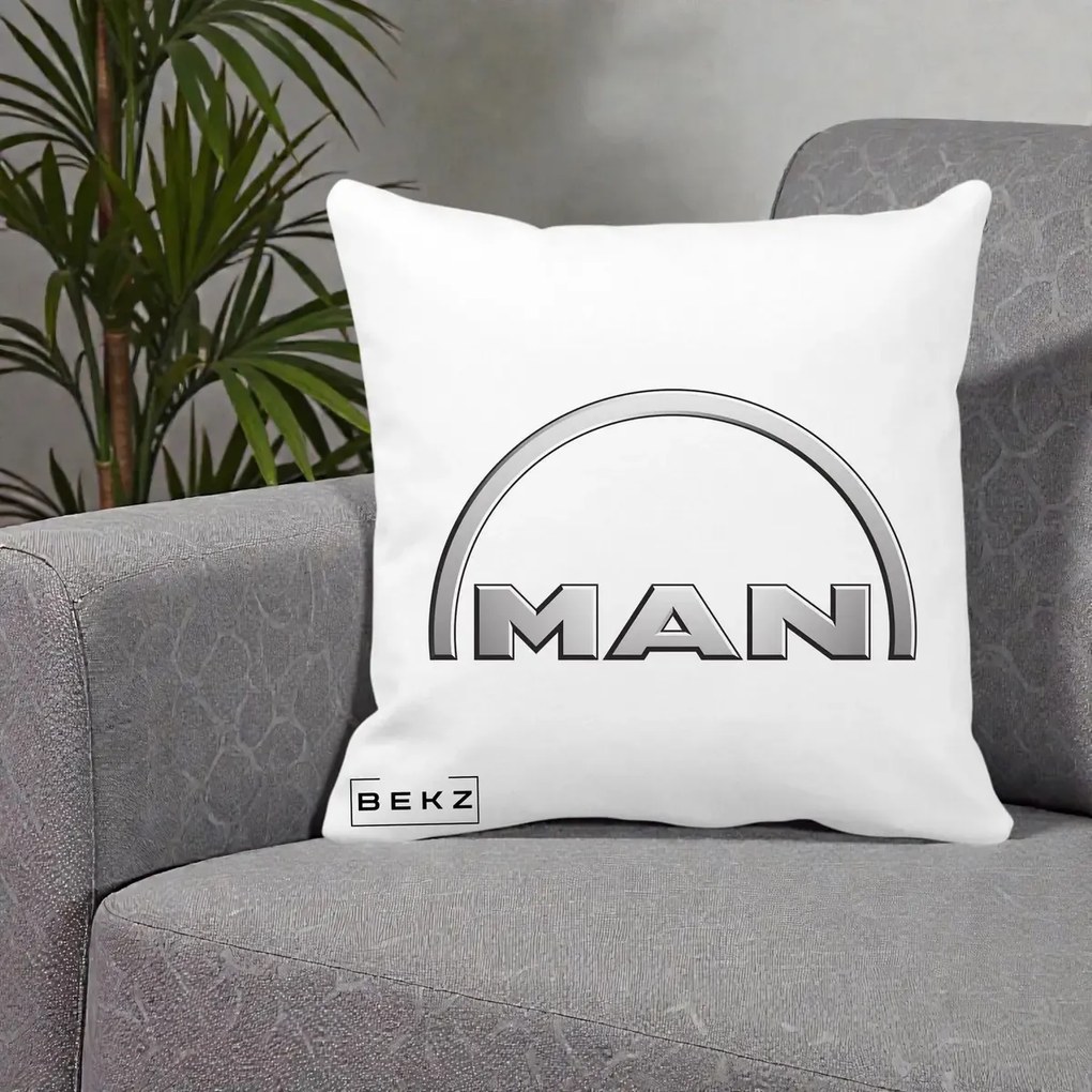 Perna Personalizata cu emblema MAN, 40x40 cm, Alba Mata, Husa Detasabila, Perna Inclusa, BEKZ®
