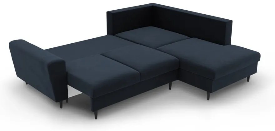 Colțar albastru închis extensibil, cu spațiu de depozitare cu tapițerie din catifea (cu colț pe partea dreaptă-în formă de ”L”) Kyoto – Cosmopolitan Design