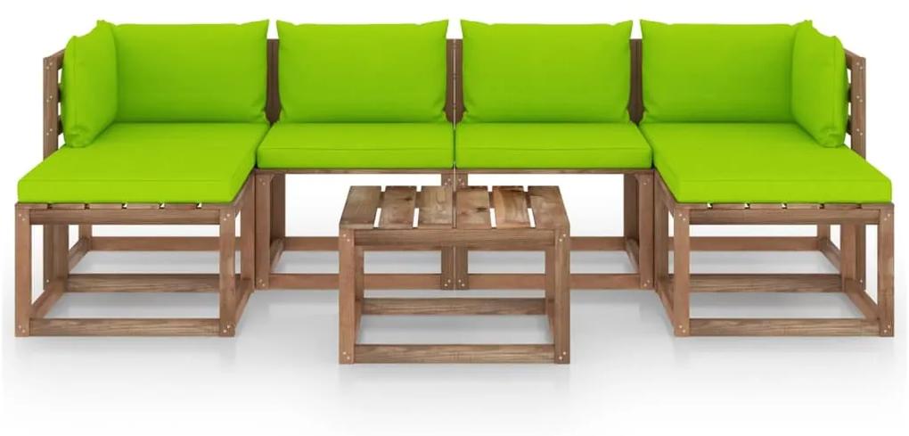 Set mobilier gradina paleti cu perne, 7 piese, lemn pin tratat verde aprins, 2x colt + 2x mijloc + 3x masa, 1