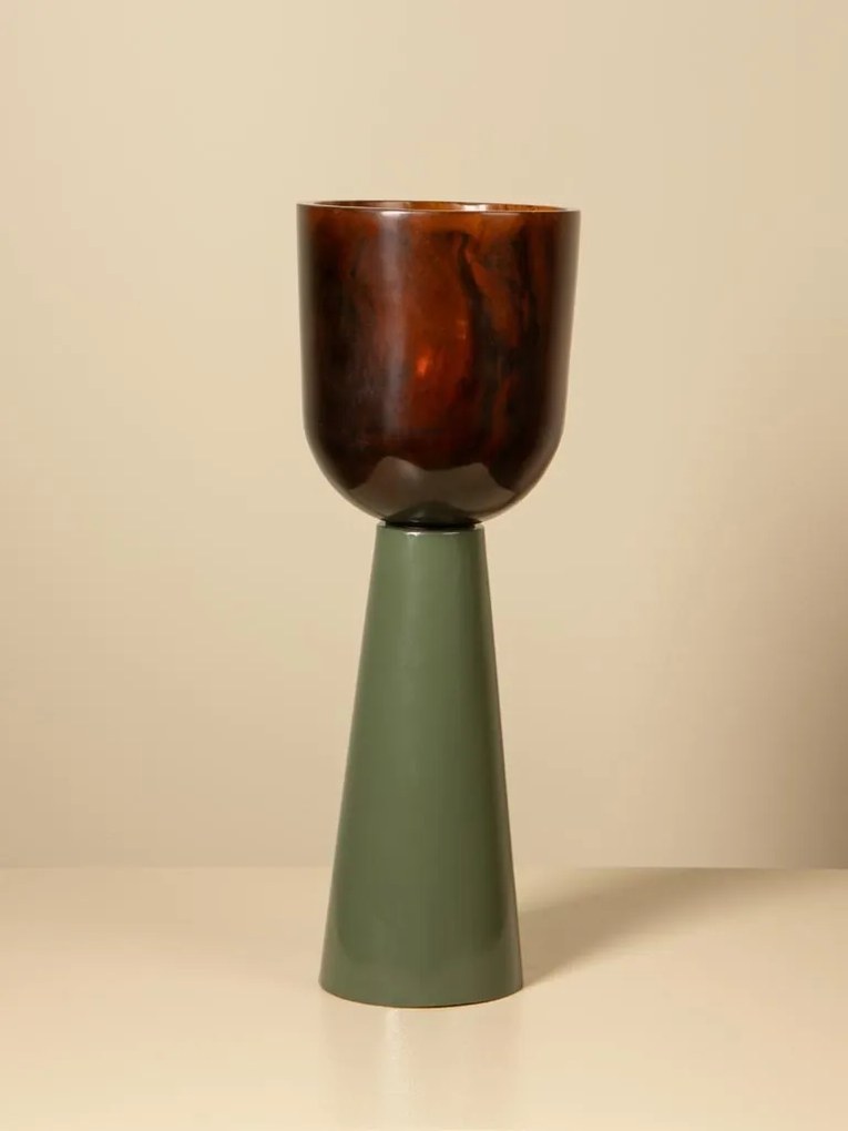 Lampă de masă din rășină maro cu structură din metal kaki, abajur în formă de cupă, finisaj lucios, 48×14 cm, „Velaro"
