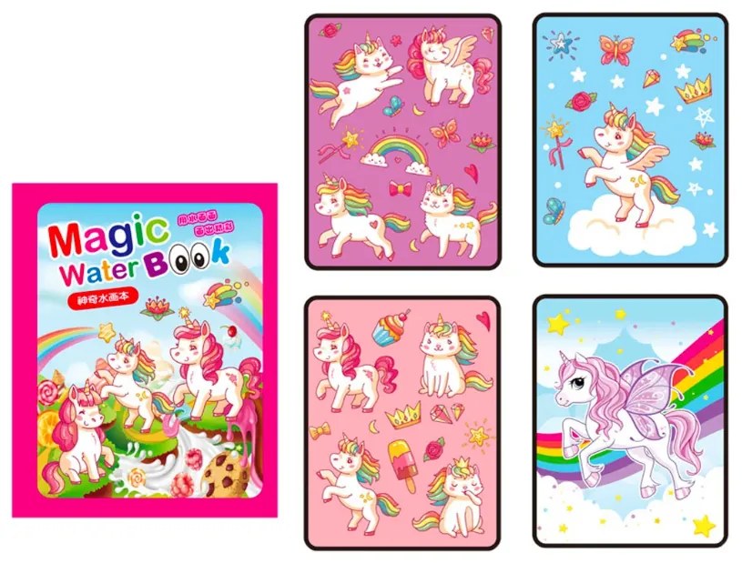 Carte de colorat cu apă, reutilizabilă, Magic WaterBook, Unicorni
