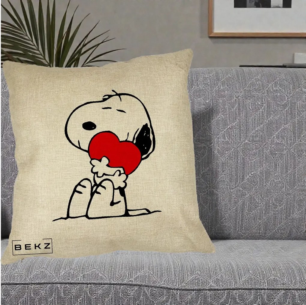 Perna Personalizata Snoopy cu Inima, 40x40 cm, Crem, Husa Detasabila, Perna Inclusa, BEKZ®