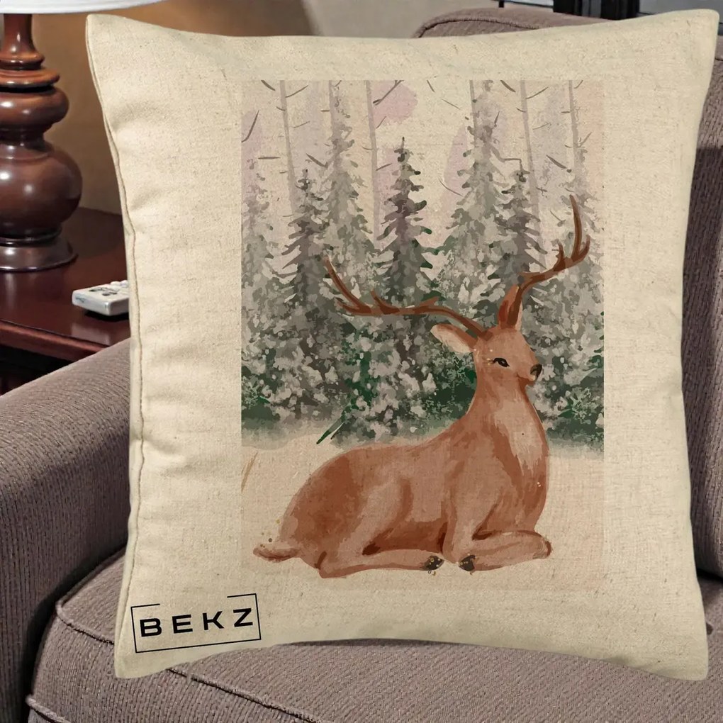 Perna Decorativa Ren in Padure Roz Moale, 40x40 cm, Bej, Husa Detasabila, Perna Inclusa, BEKZ®