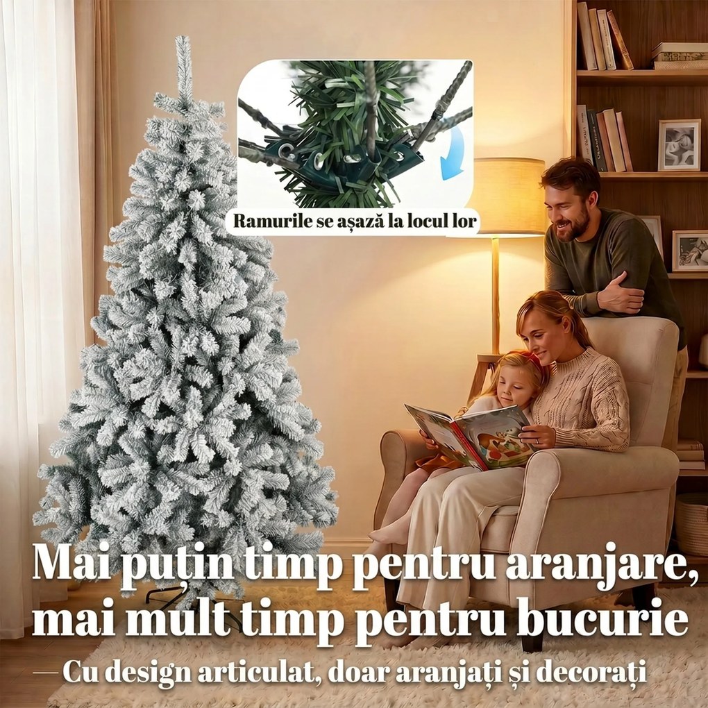 HOMCOM Brad Artificial de Crăciun 180 cm cu 650 Ramuri Ignifuge, Efect Înzăpezit Realist și Bază din Oțel, Verde și Alb | Aosom Romania