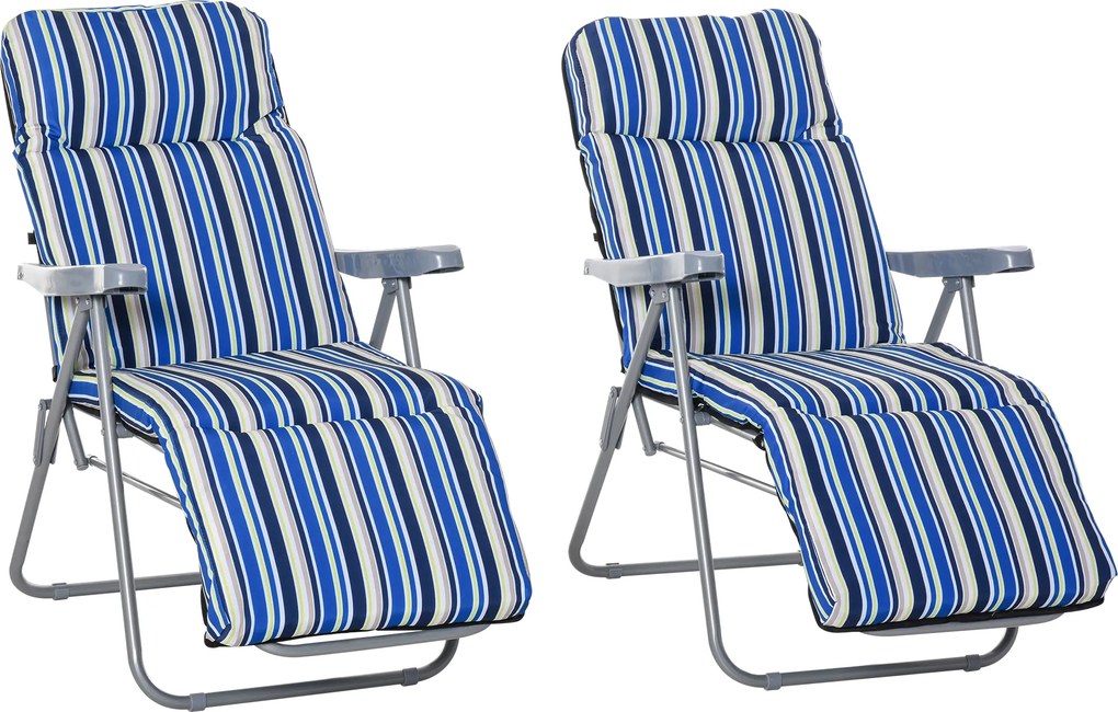 Outsunny Set de 2 Șezlonguri de Grădină Pliabile, Șezlonguri cu Spătar Reglabil pe 5 Nivele, Perne, Cotiere, din Oțel și Poliester, pentru Exterior, Terasă, Albastru și Crem | Aosom Romania