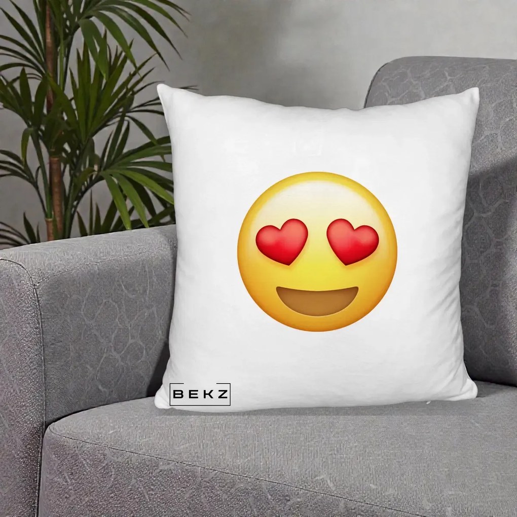 Perna Decorativa Emoji Inimi in Ochi, 40x40 cm, Alb Pufos, Husa Detasabila, Perna Inclusa, BEKZ®
