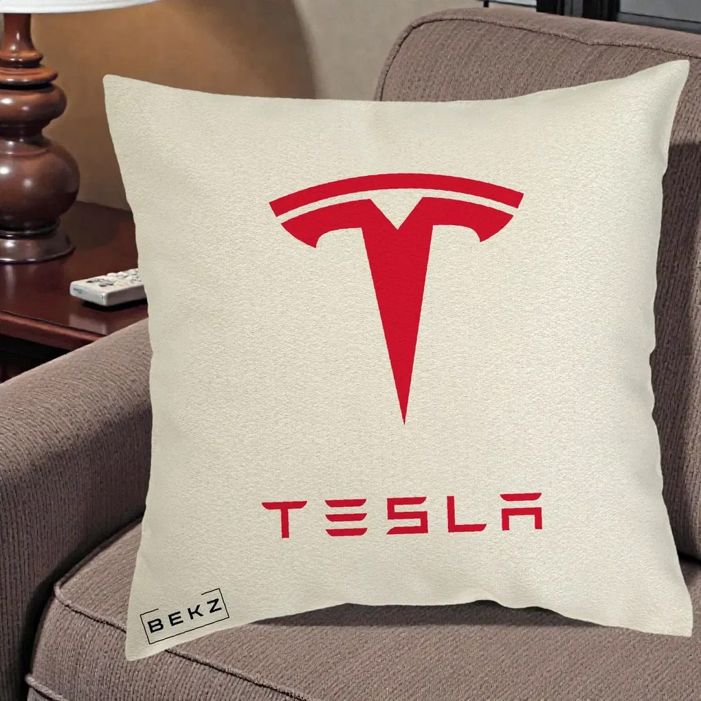 Perna Personalizata cu emblema Tesla, 40x40 cm, Ecru, Husa Detasabila, Perna Inclusa, BEKZ®