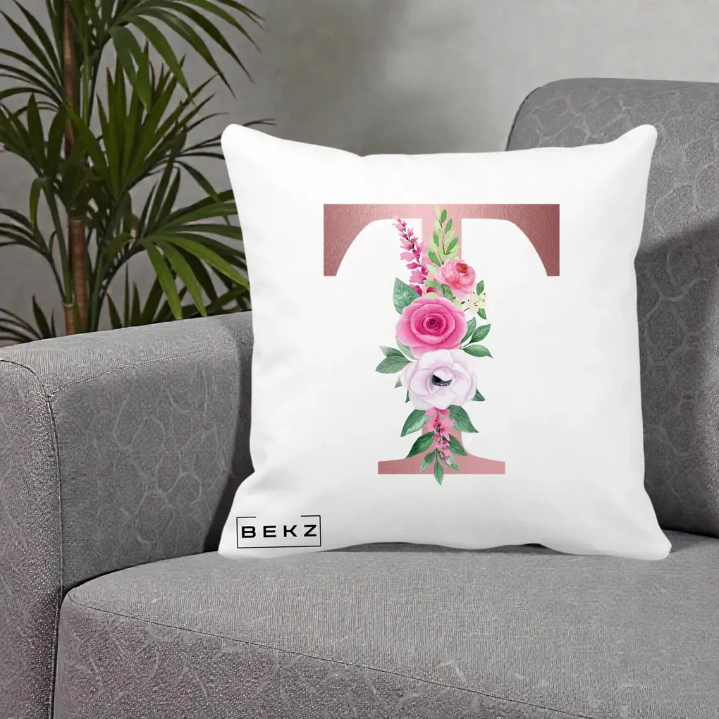 Cadou Personalizat - Perna Personalizata Monograma Rose Gold Litera T, 40x40 cm, Alba Mata, Husa Detasabila, Perna Inclusa, BEKZ®