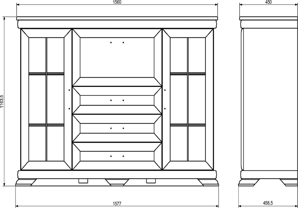 Vitrină ~Dubai~ într-un stil modern, elegant, cu aspect de lemn, mânere negre, culoare albă, 158 cm lățime