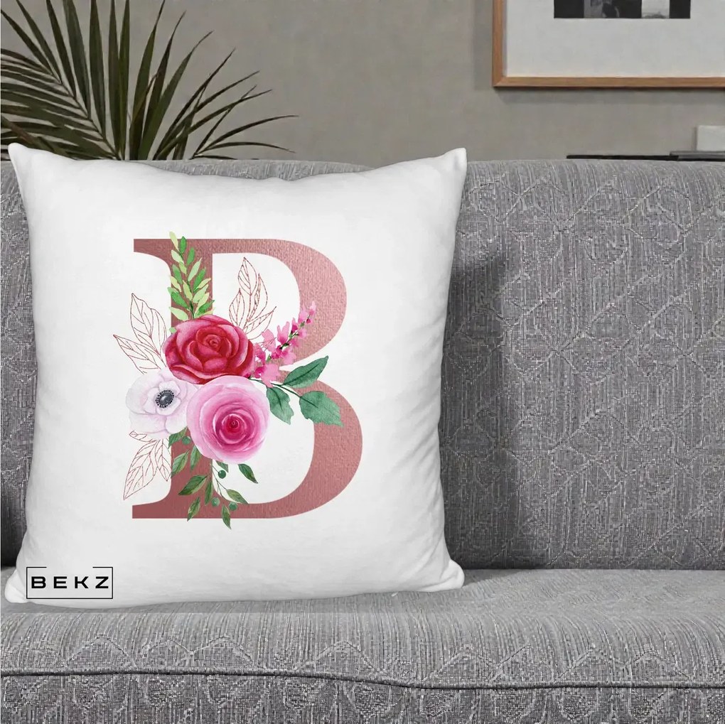 Cadou Personalizat - Perna Personalizata Monograma Rose Gold Litera B, 40x40 cm, Alb Pufos, Husa Detasabila, Perna Inclusa, BEKZ®