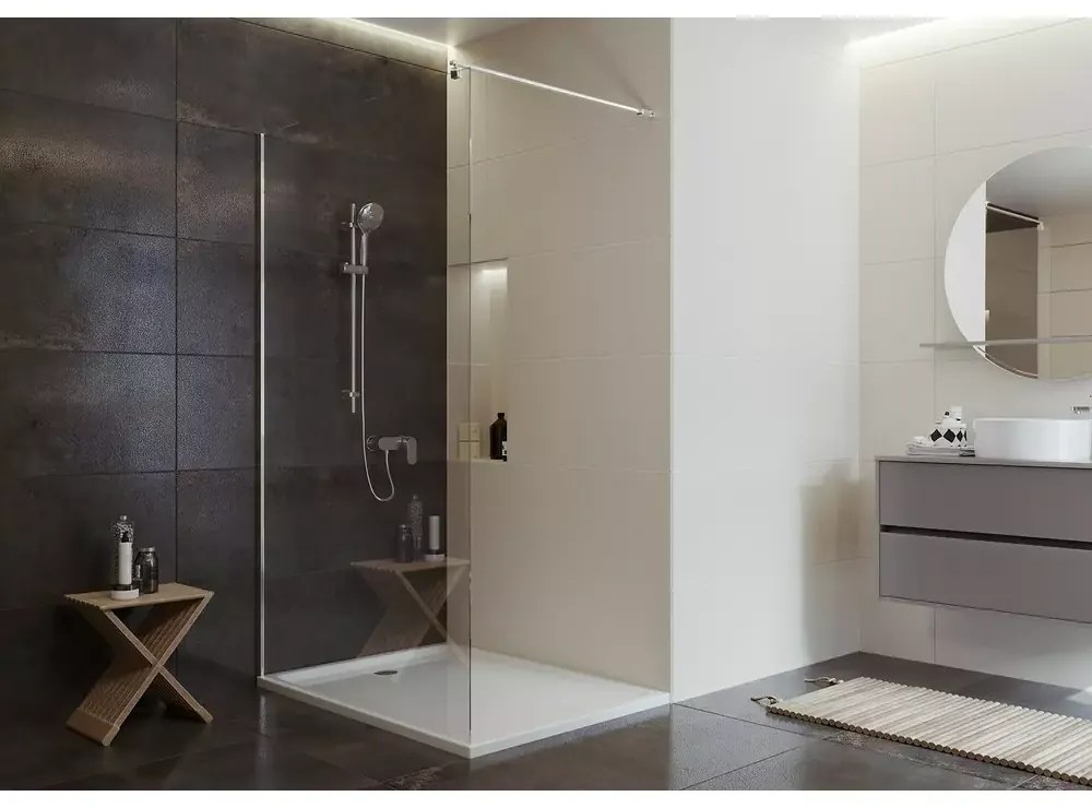 Set paravan dus walk-in 100x200 cm Cersanit Mille, profil crom, cu  bara, para dus si furtun, Hansgrohe si baterie dus, culoare crom, Cersanit Suaro