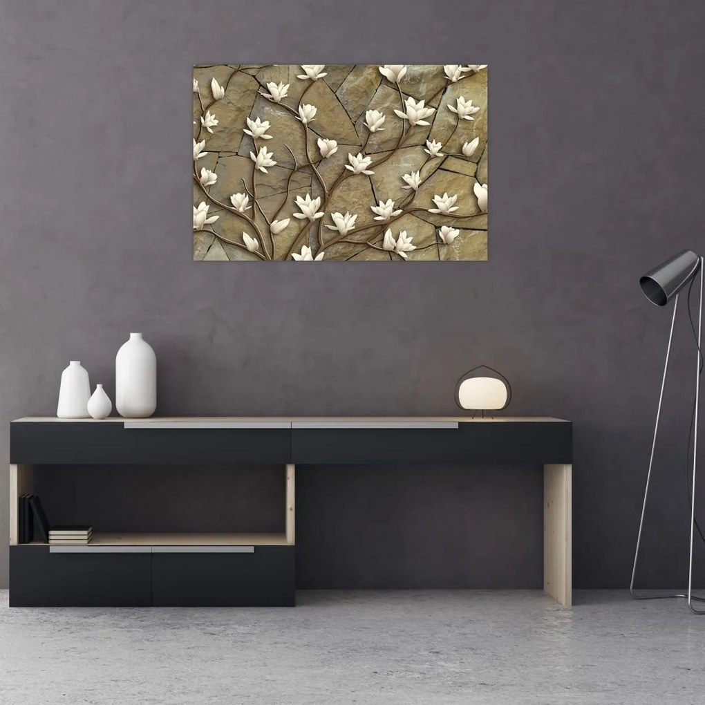 Tablou - Magnolii albe pe zidărie de piatră (90x60 cm)