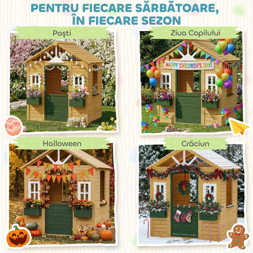 AIYAPLAY Căsuță de Grădină pentru Copii din Lemn de Molid, Căsuță de Exterior cu 3 Ferestre, 2 Jardiniere, Ușă și Acoperiș, pentru Copii 3-8 Ani, Interior și Exterior, 134.5x97x150 cm, Maro | Aosom Romania