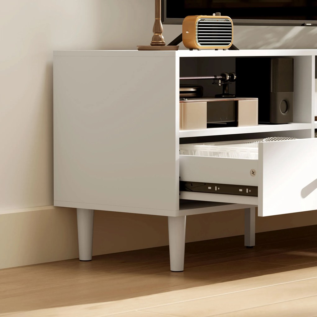 HOMCOM Comodă TV, Stand TV pentru Ecrane de 75 inch, 3 Rafturi Deschise, 3 Sertare, Placă de Particule, Alb | Aosom Romania