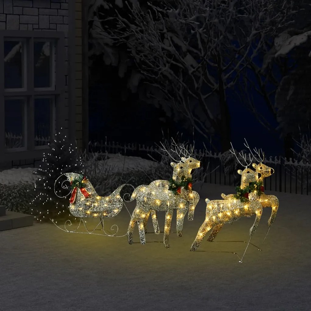 Decor de Craciun cu reni si sanie, 100 LED-uri, auriu, exterior 1, Auriu