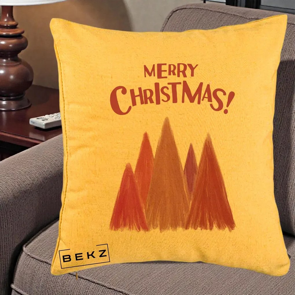 Perna Decorativa Merry Christmas Brazi Roz, 40x40 cm, Galben, Husa Detasabila, Perna Inclusa, BEKZ®