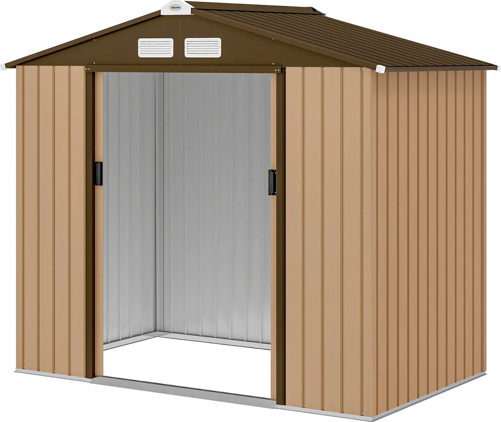 Outsunny Șopron de grădină exterior 2,42 m² 213x130x185 cm cu ușă culisantă, ventilație și kit de fundație, galben | Aosom Romania