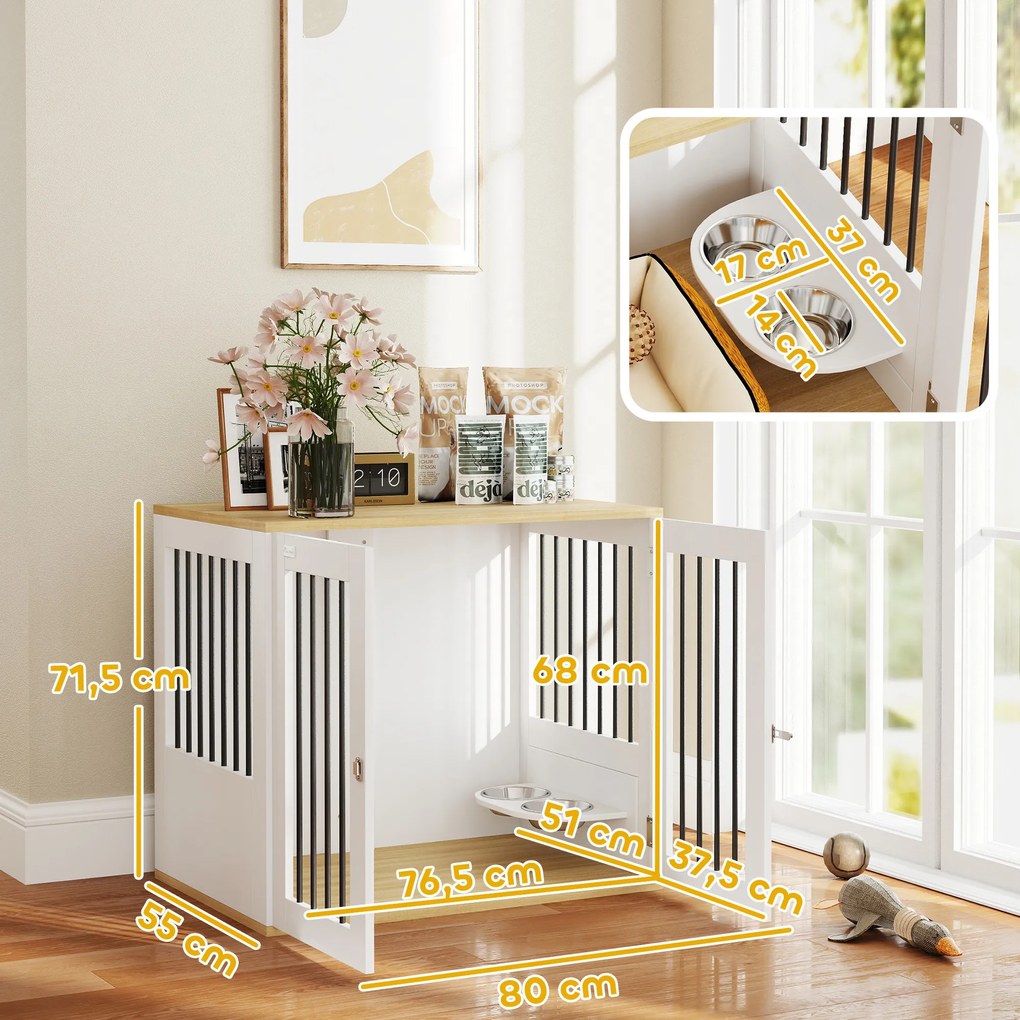 PawHut Cușcă pentru câini, masă de cafea, boluri mobile rotative la 360°, 2 uși pentru câine de talie medie 80x55x71,5 cm alb | Aosom Romania