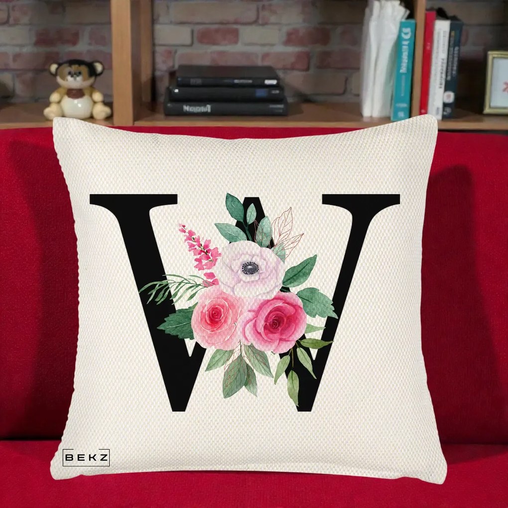 Cadou Personalizat - Perna Personalizata Monograma Florala Litera W cu Trandafiri si Anemona, 40x40 cm, Crem Reliefat, Husa Detasabila, Perna Inclusa, BEKZ®