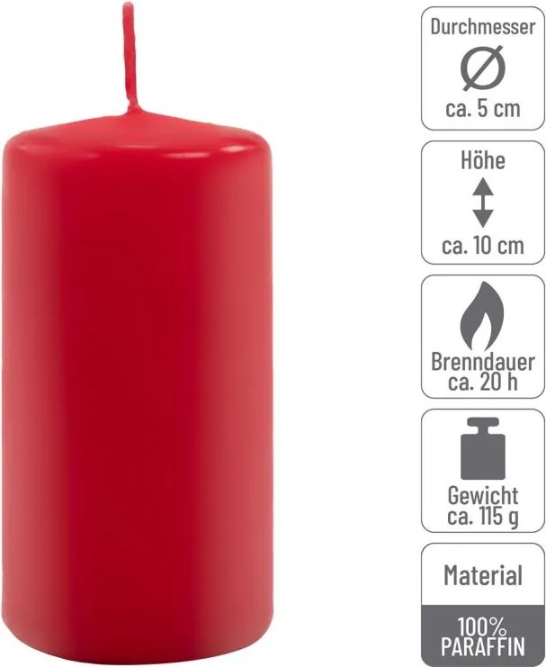 Set de lumânări cilindrice, 10 cm, Ø 5 cm, roșu, 24 bucăți