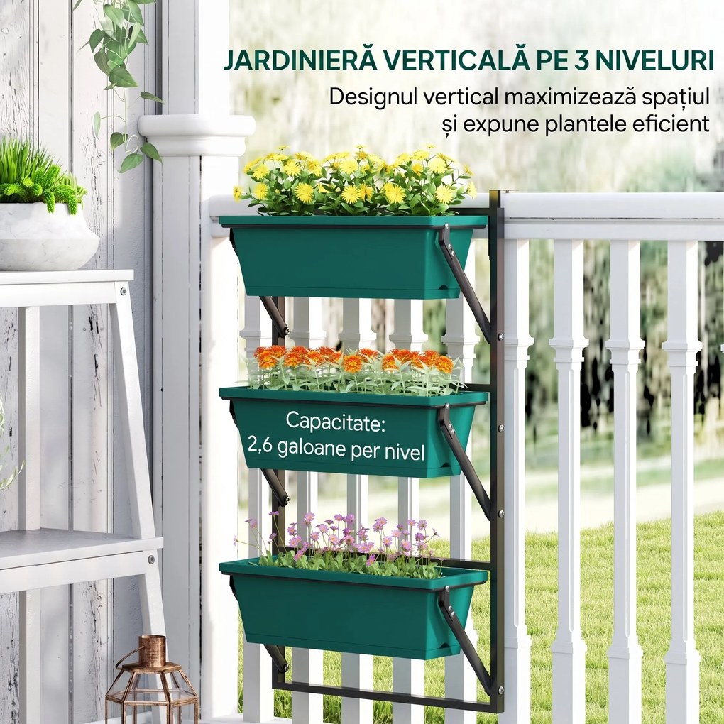 Outsunny Jardinieră Verticală pentru Exterior cu 3 Niveluri și Ghivece cu Orificii de Drenaj, 56x42x100 cm, Verde | Aosom Romania